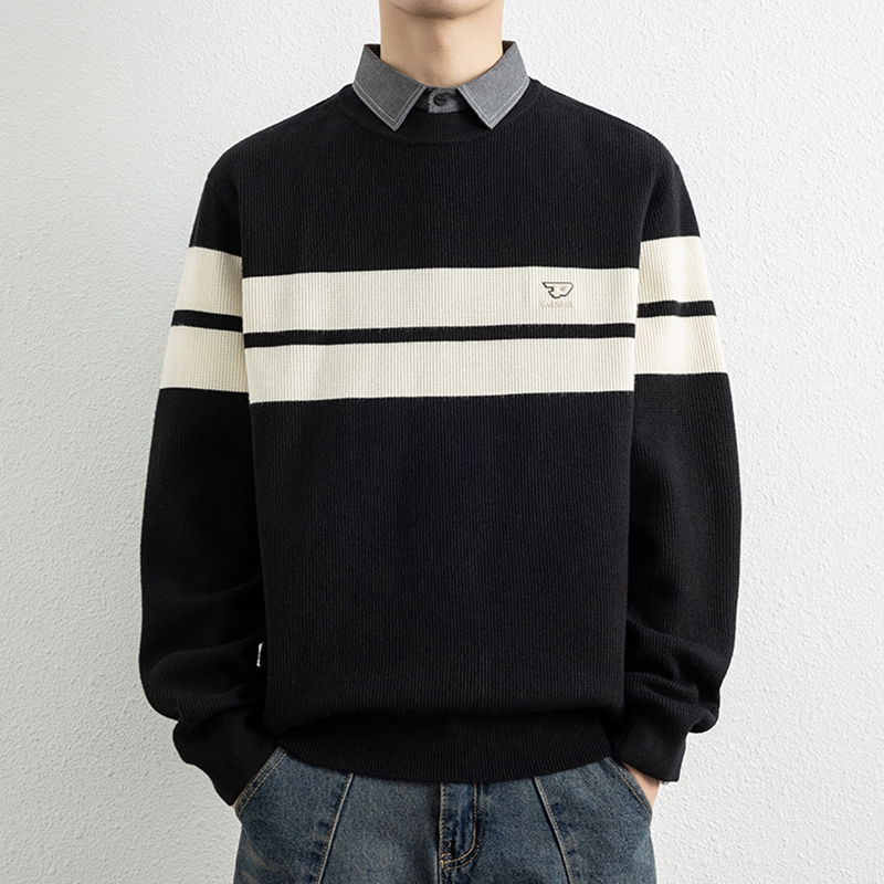 侨迪蒙拉假两件男士秋冬季针织衫条纹衬衫领潮牌毛衣加厚内搭打底