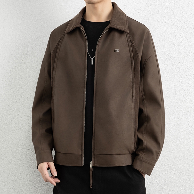 侨迪蒙拉高端男士2025秋季新款翻领拼接皮衣帅气潮牌皮夹克外套