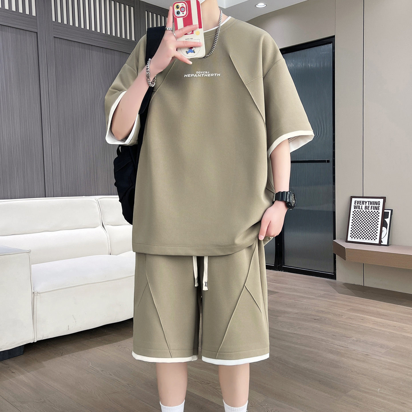 侨迪蒙拉2026夏季男士字母印花短袖T恤青少年短裤两件套潮牌套装