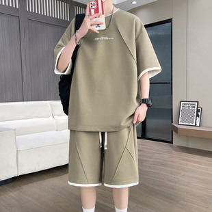 侨迪蒙拉2026夏季男士字母印花短袖T恤青少年短裤两件套潮牌套装