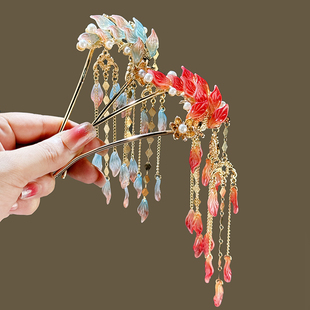 汉服头饰流苏古风发钗发饰双鲤锦鲤色簪花长仙气发钗汉服配饰仙气