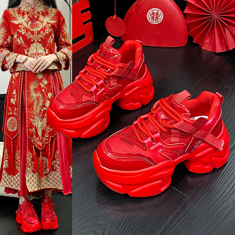 保暖老爹鞋女ins潮2025秋冬加绒小个子百搭厚底增高红色运动婚鞋,女鞋,老爹鞋,淘宝优惠券,粉丝福利购,淘宝优惠卷