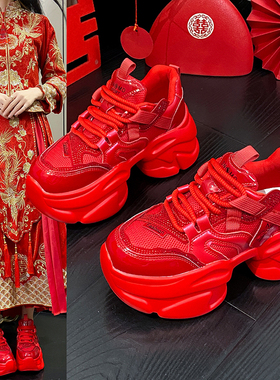 保暖老爹鞋女ins潮2025秋冬加绒小个子百搭厚底增高红色运动婚鞋