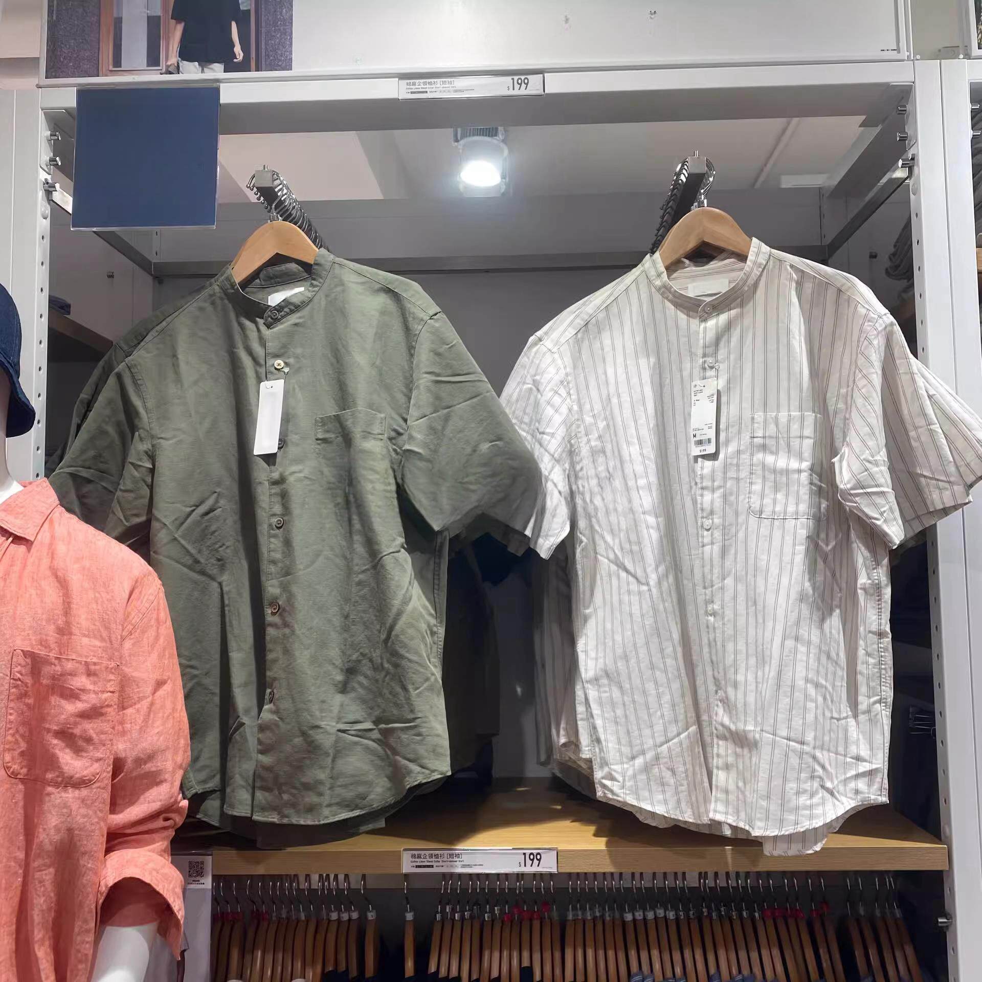 日系夏季男棉麻立领衬衫短袖POLO领内搭简约条纹透气休闲宽松衬衣