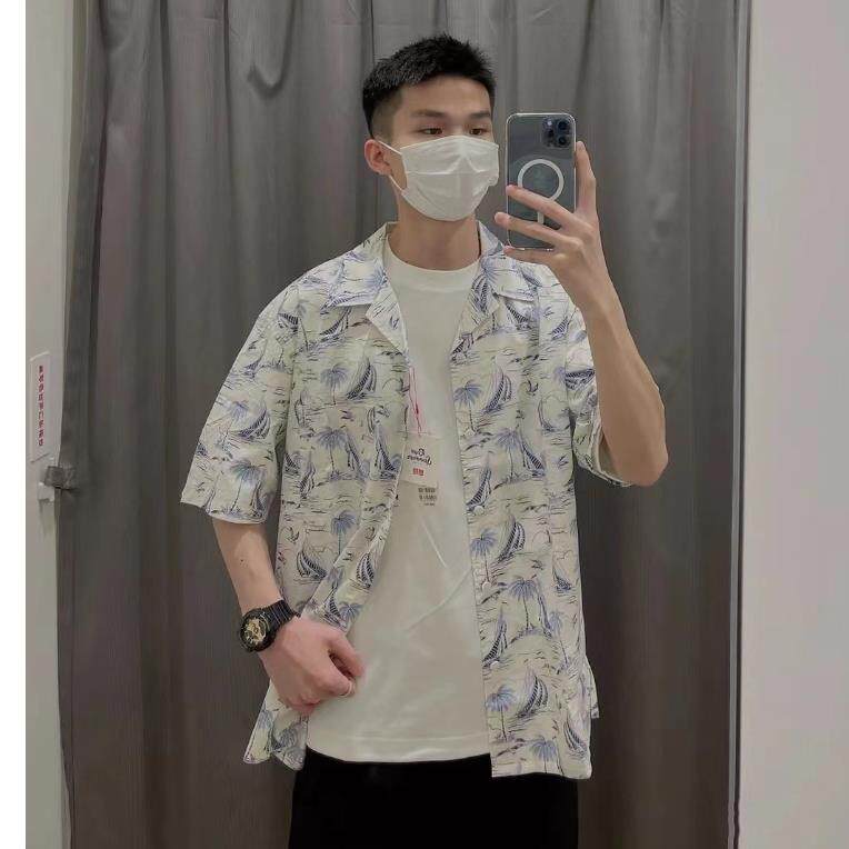 日单夏威夷印花短袖衬衫男444646
