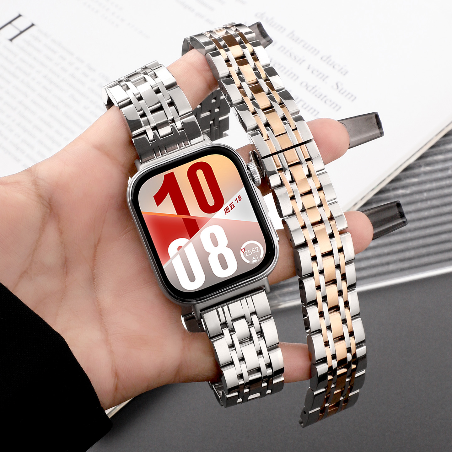 适用于华为fit4手表表带智能WatchFit4Pro新款七珠钢蝴蝶扣金属表链FIT3高级感透气替换钢带二三四代配件男女