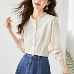 直销绣花镂空杏色衬衫女长袖新款设计感别致通勤气质纯棉上衣