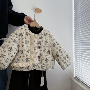女童森系碎花夹棉外套25冬装儿童复古加厚棉服打底衫休闲裤三件套