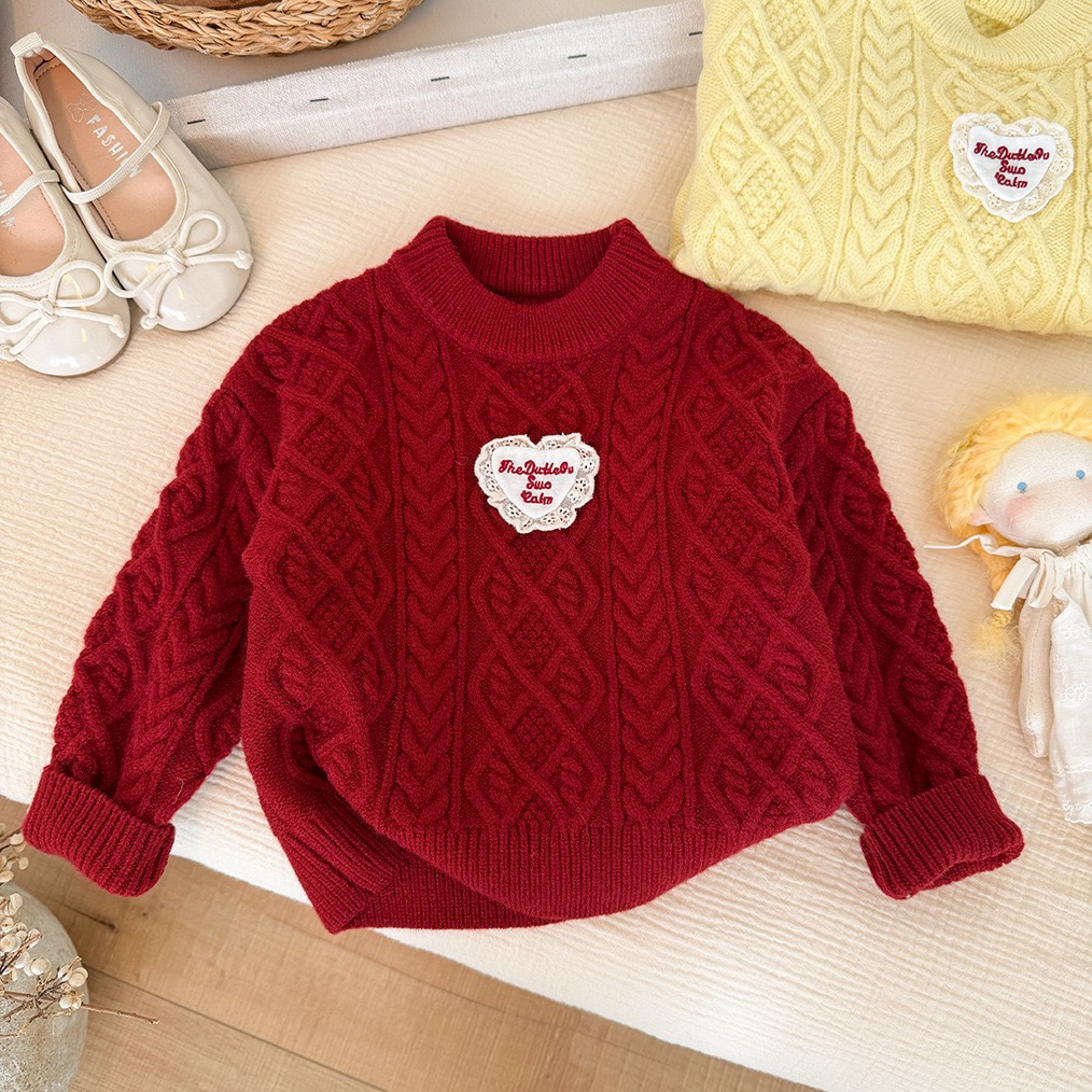 圣诞女童红色麻花毛衣2025冬装儿童甜美长袖针织衫宝宝保暖打底衫