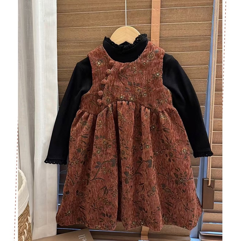 拜年服女童红色夹棉背心裙儿童新中式斜扣旗袍裙连衣裙洋气公主裙