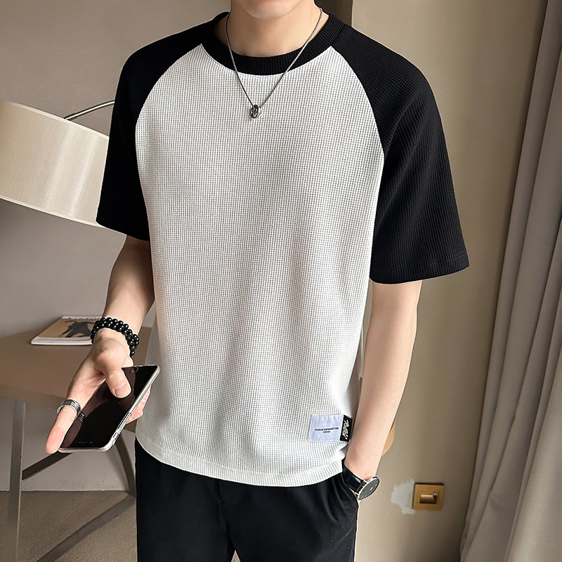 2023新款夏季短袖T恤男潮牌华夫格拼接半袖体恤 A313-32342-P38图片
