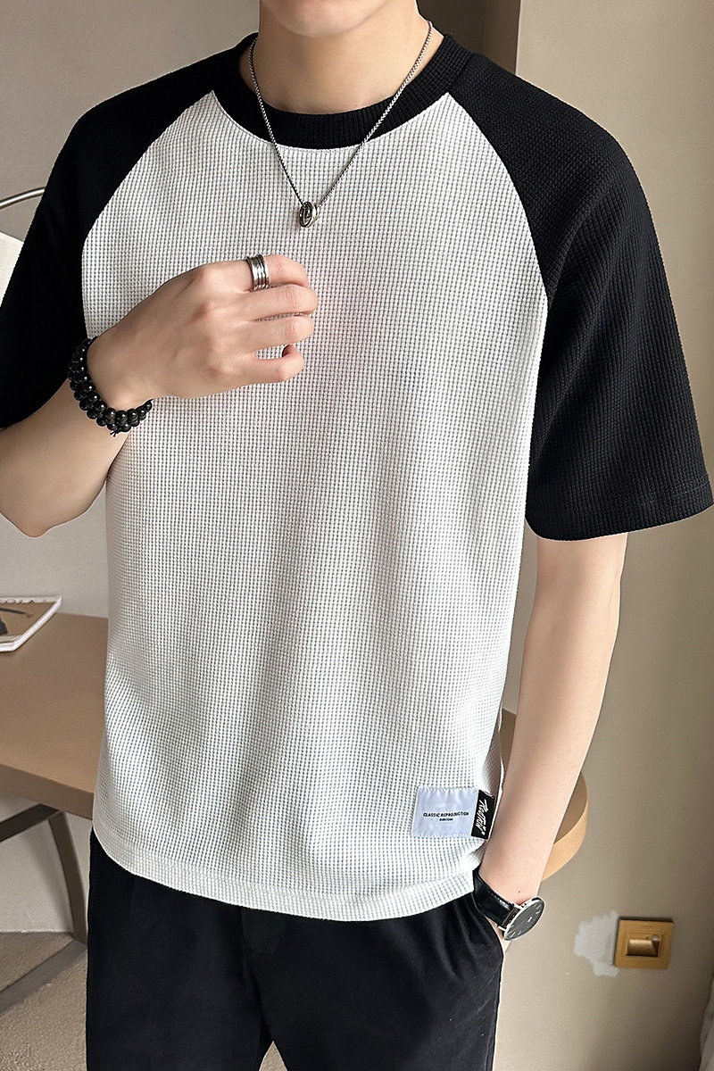 2023新款夏季短袖T恤男潮牌华夫格拼接半袖体恤A313-32342-P38,男装T恤,电商A313