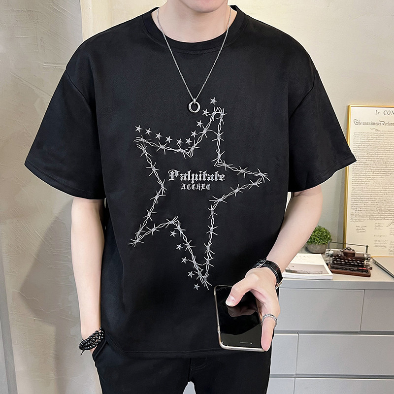 2023新款夏季短袖T恤麂皮绒潮牌刺绣男装半袖A313-5623-P48控价69,男装T恤,电商A313