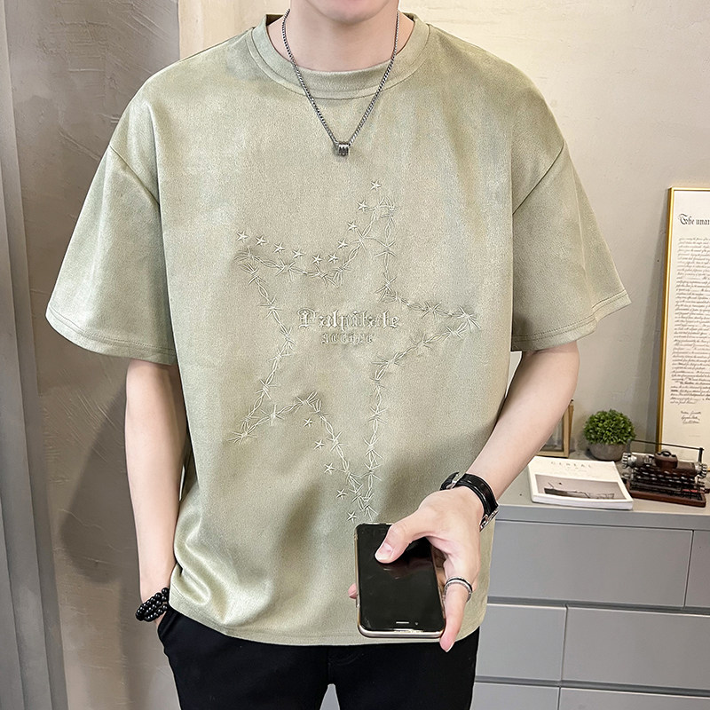2023新款夏季短袖T恤麂皮绒潮牌刺绣男装半袖A313-5623-P48控价69,男装T恤,电商A313