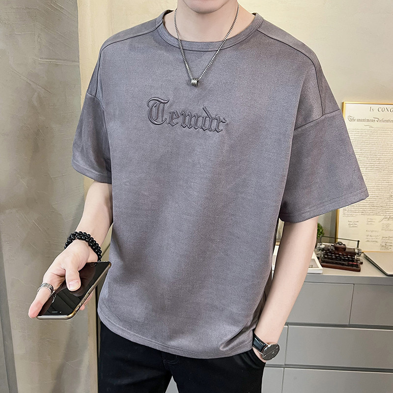 2023新款夏季短袖T恤男潮牌刺绣麂皮绒半袖 A313-6906-P48控价69图片