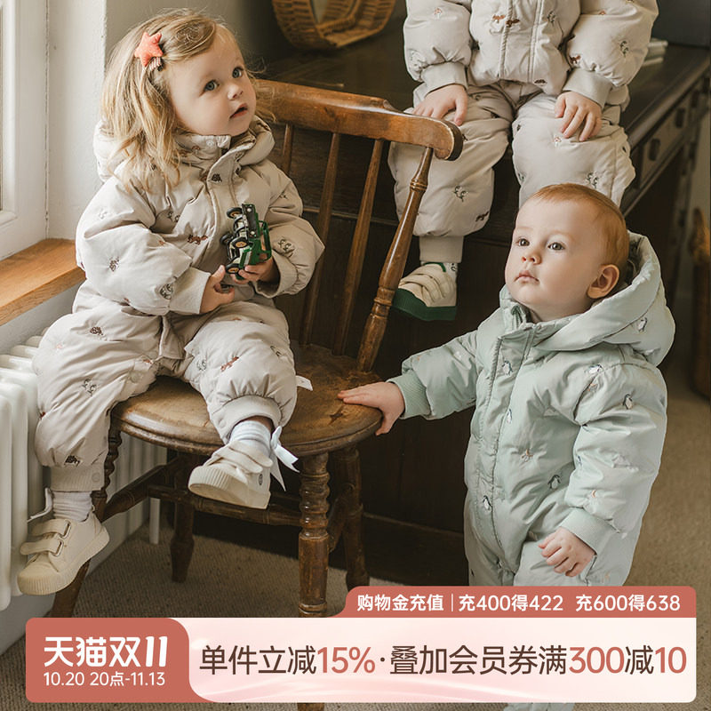 乖奇熊三防婴幼儿羽绒服连体衣冬季加厚保暖防风宝宝连帽哈衣鸭绒