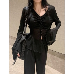 女装 2025新款 纯欲风防晒开衫 夏季 甜美上衣 薄款 设计感V领喇叭长袖