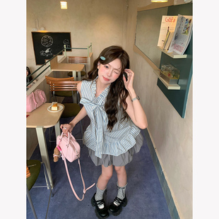 韩系少女风挂脖条纹衬衫 2025初夏搭配一整套女装 背心花苞裙两件套