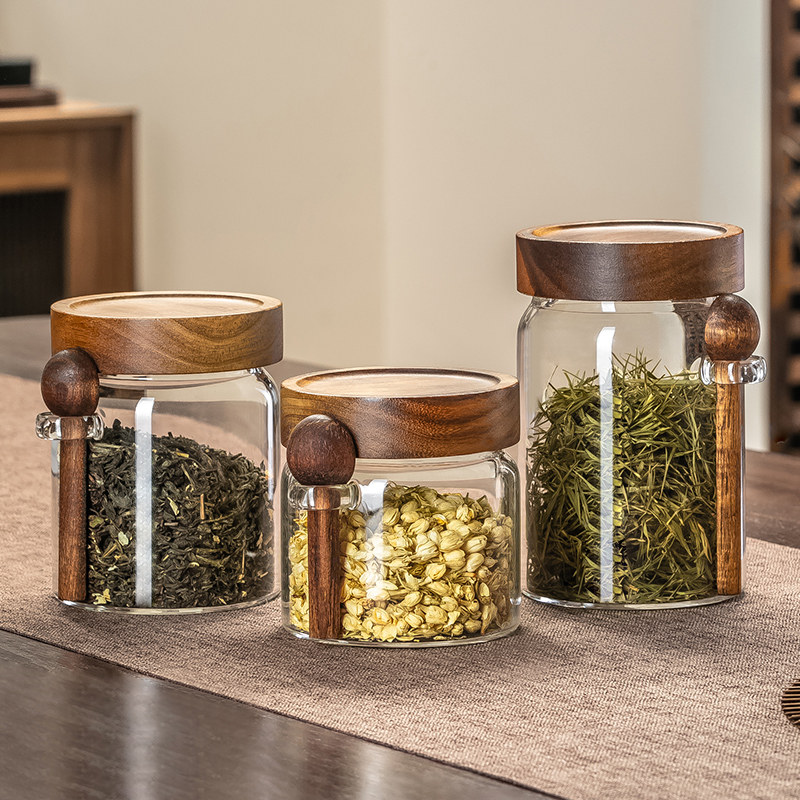 日式茶叶罐玻璃密封茶罐空罐家用茶叶储存罐小号便携旅行茶叶盒子