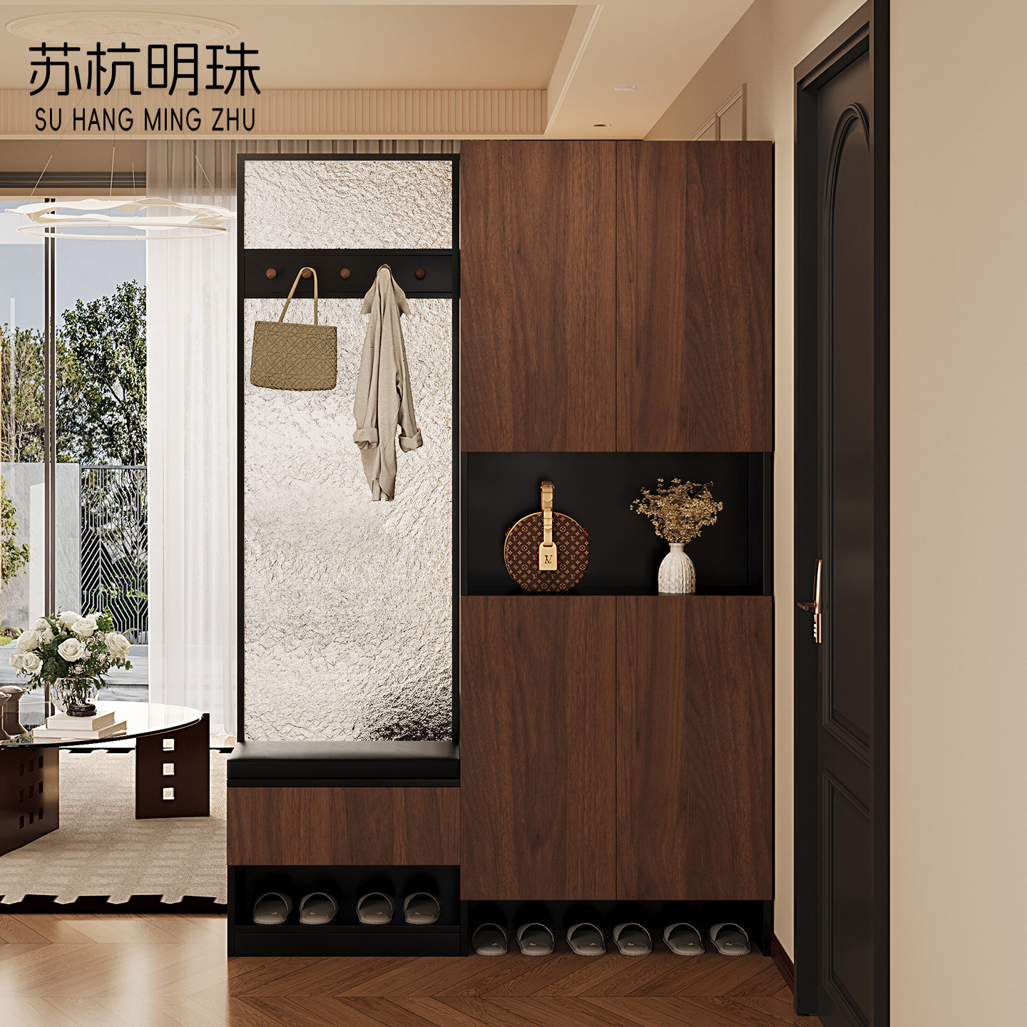 入户门玄关柜中古风客厅屏风隔断衣帽架一体入户门口正对门储物柜