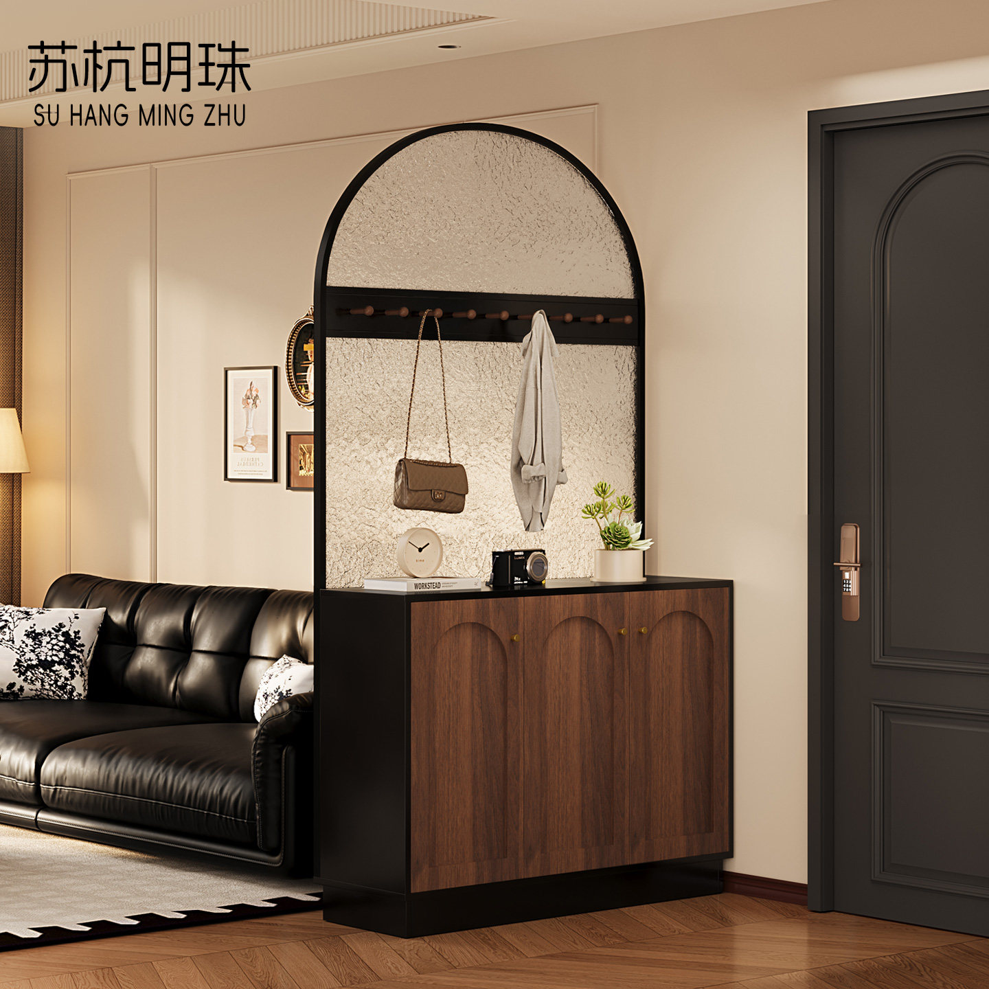 中古风入户门玄关柜双面客厅屏风家用实木鞋柜正对门衣帽架一体