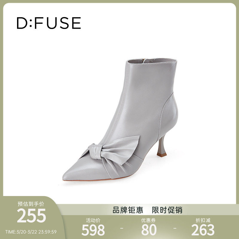 DFuse迪芙斯新款优雅蝴蝶结高跟踝靴女细跟短靴时装靴DF34116027