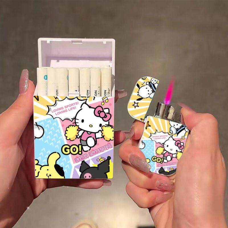hellokitty打火机烟盒防风充气可爱卡通粉色火焰高颜值新款送男友