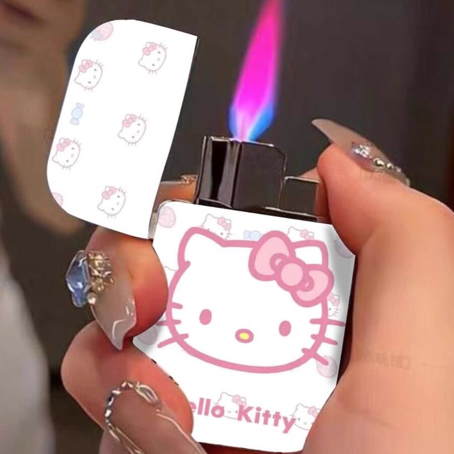 hellokitty防风充气打火机可爱卡通kt猫粉色火焰高颜值金属送男友