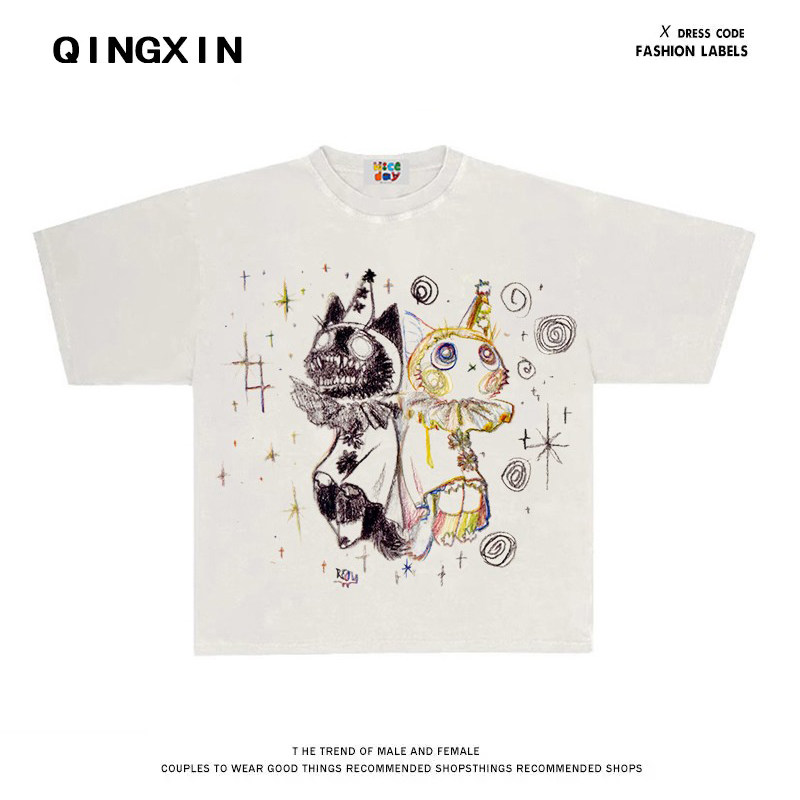 QINGXIN 善恶猫咪千禧风印花半袖休闲别致小众设计感短袖T恤