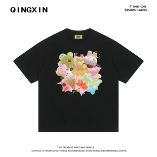 高街趣味涂鸦宽松半袖 QINGXIN 美式 可爱兔子夏季 上衣tee上衣 新款