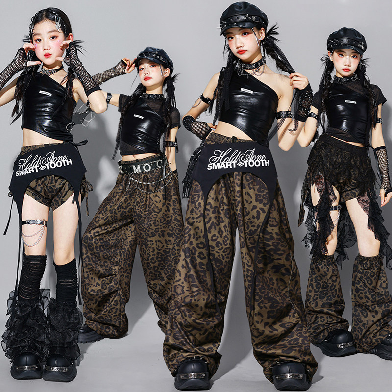 女童jazz豹纹爵士舞服装女孩练功服裤子儿童街舞演出服少儿套装潮