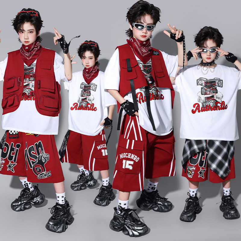 儿童红色街舞演出服男童嘻哈套装幼儿hiphop男孩架子鼓表演服装潮