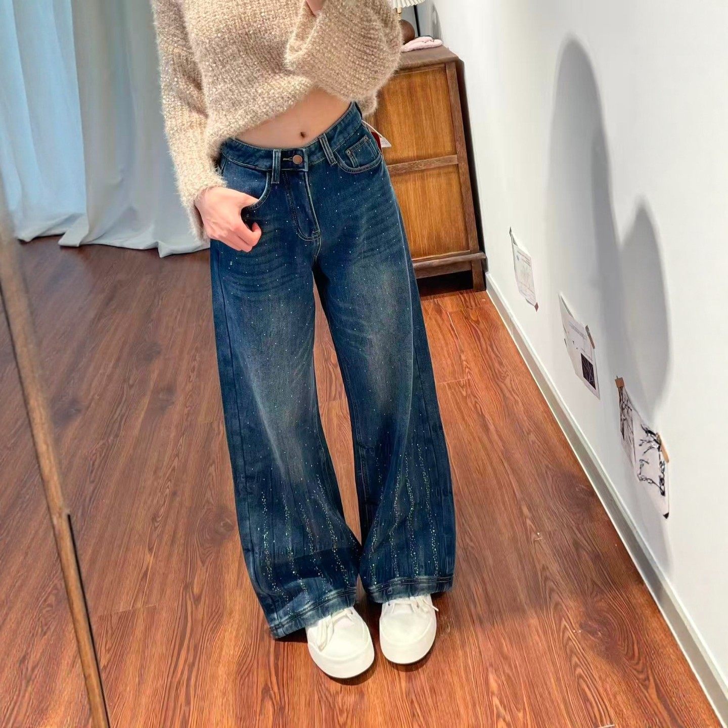 美式复古满天星烫钻牛仔裤女高腰遮肚藏肉胖mm宽松显瘦带钻阔腿裤,女装/女士精品,牛仔裤,淘宝优惠券,粉丝福利购,淘宝优惠卷