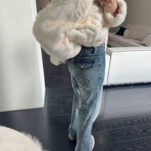 重工烫钻满天星微喇牛仔裤女微弹遮胯显瘦高腰遮肚藏肉潮流直筒裤