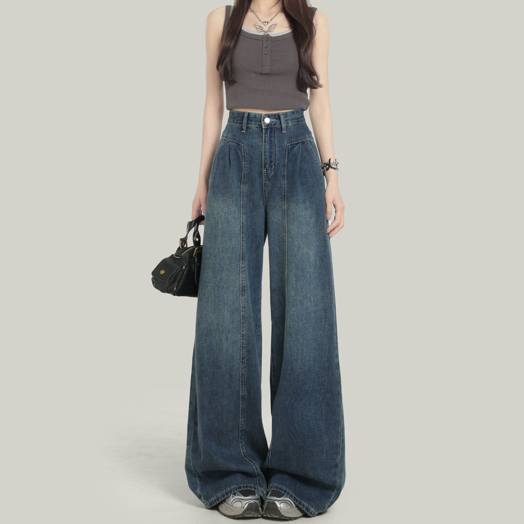 复古蓝阔腿牛仔裤女宽松遮胯显瘦微胖mm高腰遮肚垂感慵懒风拖地裤,女装/女士精品,牛仔裤,淘宝优惠券,粉丝福利购,淘宝优惠卷