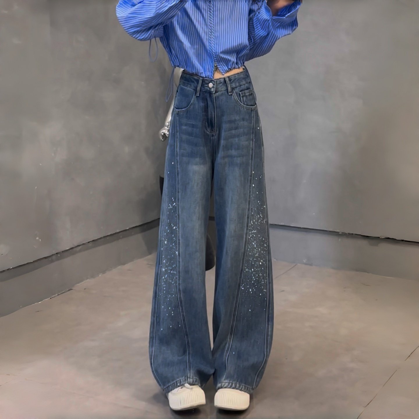 复古窄版烫钻阔腿弯刀牛仔裤女宽松遮胯显瘦高腰遮肚藏肉拖地裤子,女装/女士精品,牛仔裤,淘宝优惠券,粉丝福利购,淘宝优惠卷