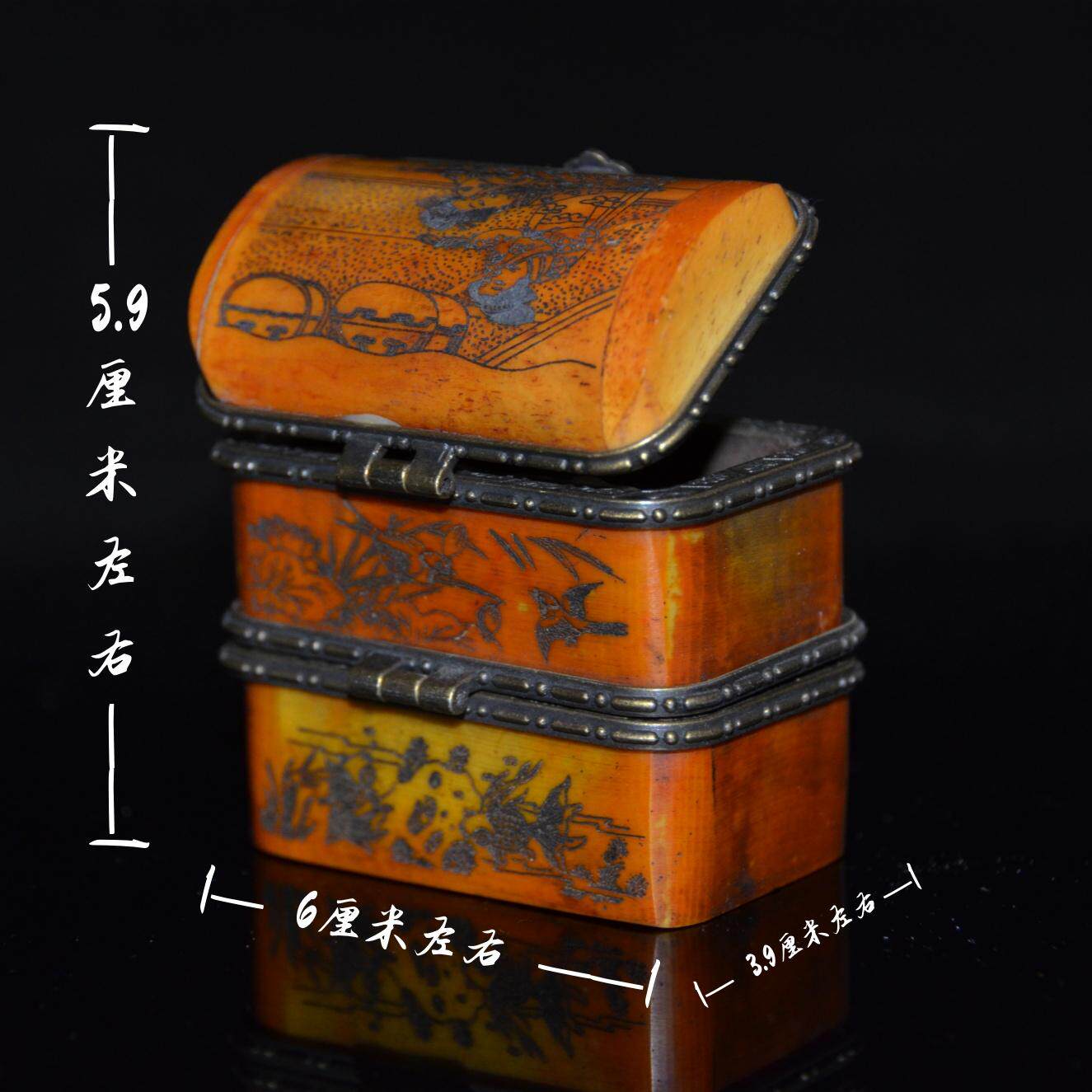 古玩收藏民间工艺骨雕盒子彩绘花卉植物图胭脂盒装饰摆件