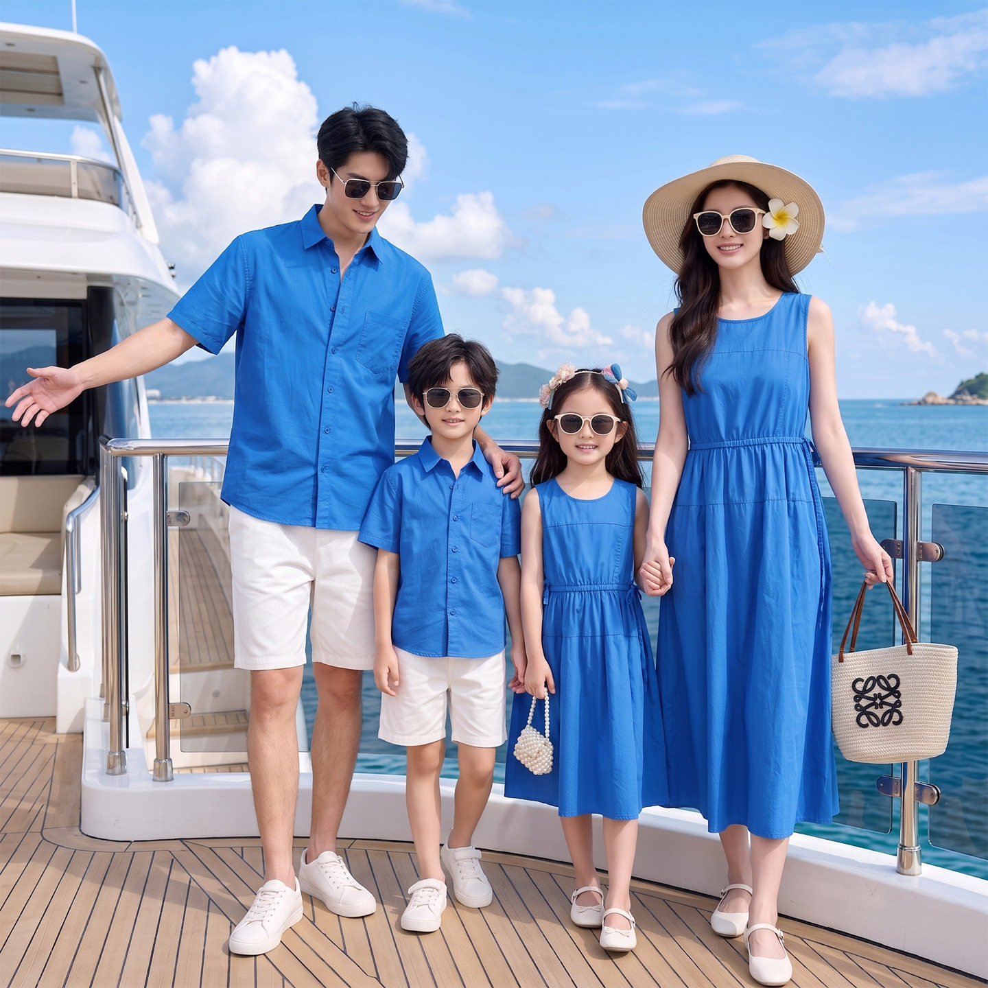 夏季度假母女克莱因蓝连衣裙