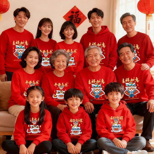 红色加绒卫衣全家福亲子装