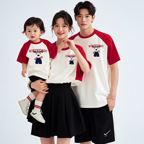 2025亲子装一家三口插肩袖美式夏