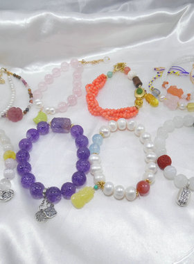 天然石手链松紧手镯抽拉绳和田玉碧玺珍珠沉香蜜蜡原创设计522002