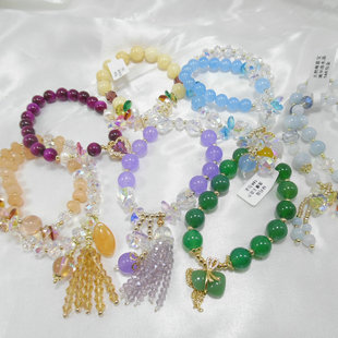 大厂货源石头水晶手链天然珍珠草莓晶绿幽灵天河石松紧手镯479009