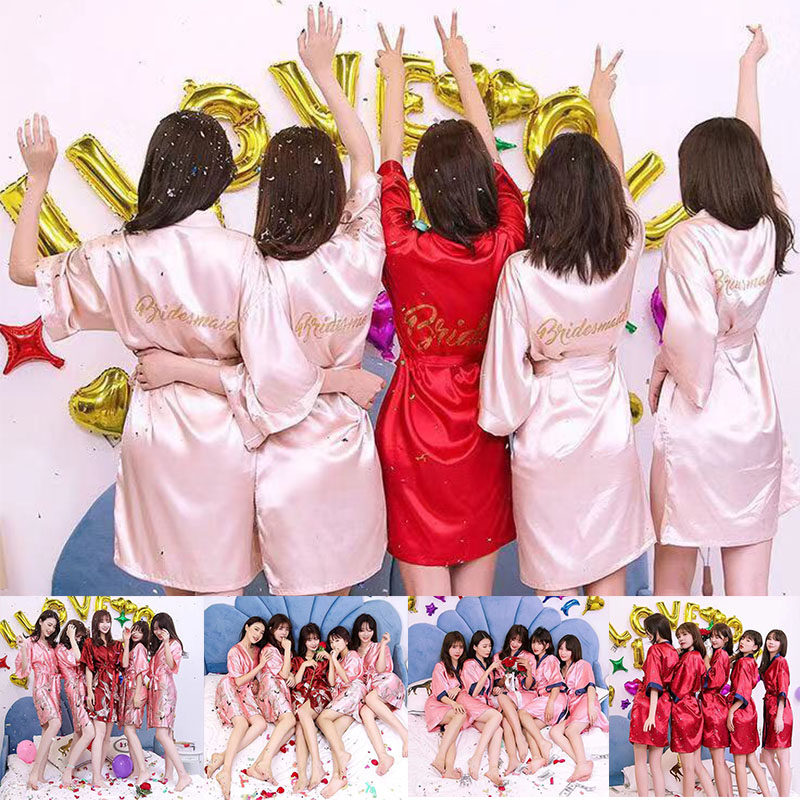 睡袍女夏新娘晨袍睡衣绣花仿真丝闺蜜派对薄款婚礼伴娘团结婚浴袍