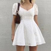 法国小众初恋裙超A仙女桔梗裙少女感短袖 收腰A字连衣裙泡泡袖 短裙