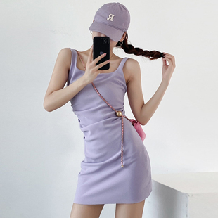 肯豆同款方领褶皱修身收腰包臀背心裙辣妹短裙性感露背无袖连衣裙