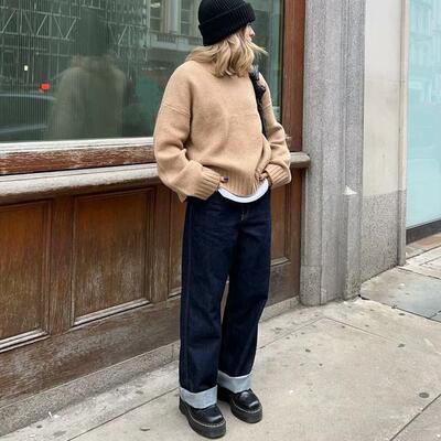 美式复古辣妹高腰翻边直筒牛仔裤