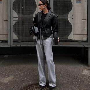 外套上衣女2025春秋新款 绑带收腰皮衣夹克短款 辣妹风设计师款 美式