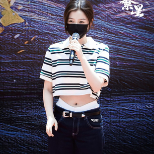 虞书欣同款短款条纹polo衫上衣女夏季学院风美式辣妹学生短袖T恤