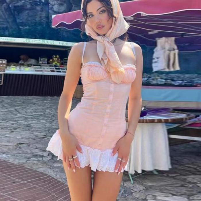 蕾丝单排扣修身吊带露背短裙夏季