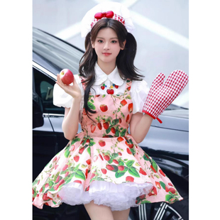 杨超越同款软妹泡泡袖收腰短袖衬衫碎花吊带短裙洛丽塔连衣裙女夏